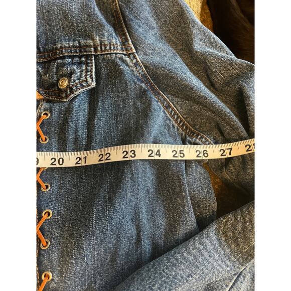 Ethyl blue jean denim long duster jacket leather stitchy Y2K Western boho 3X - Picture 9 of 11